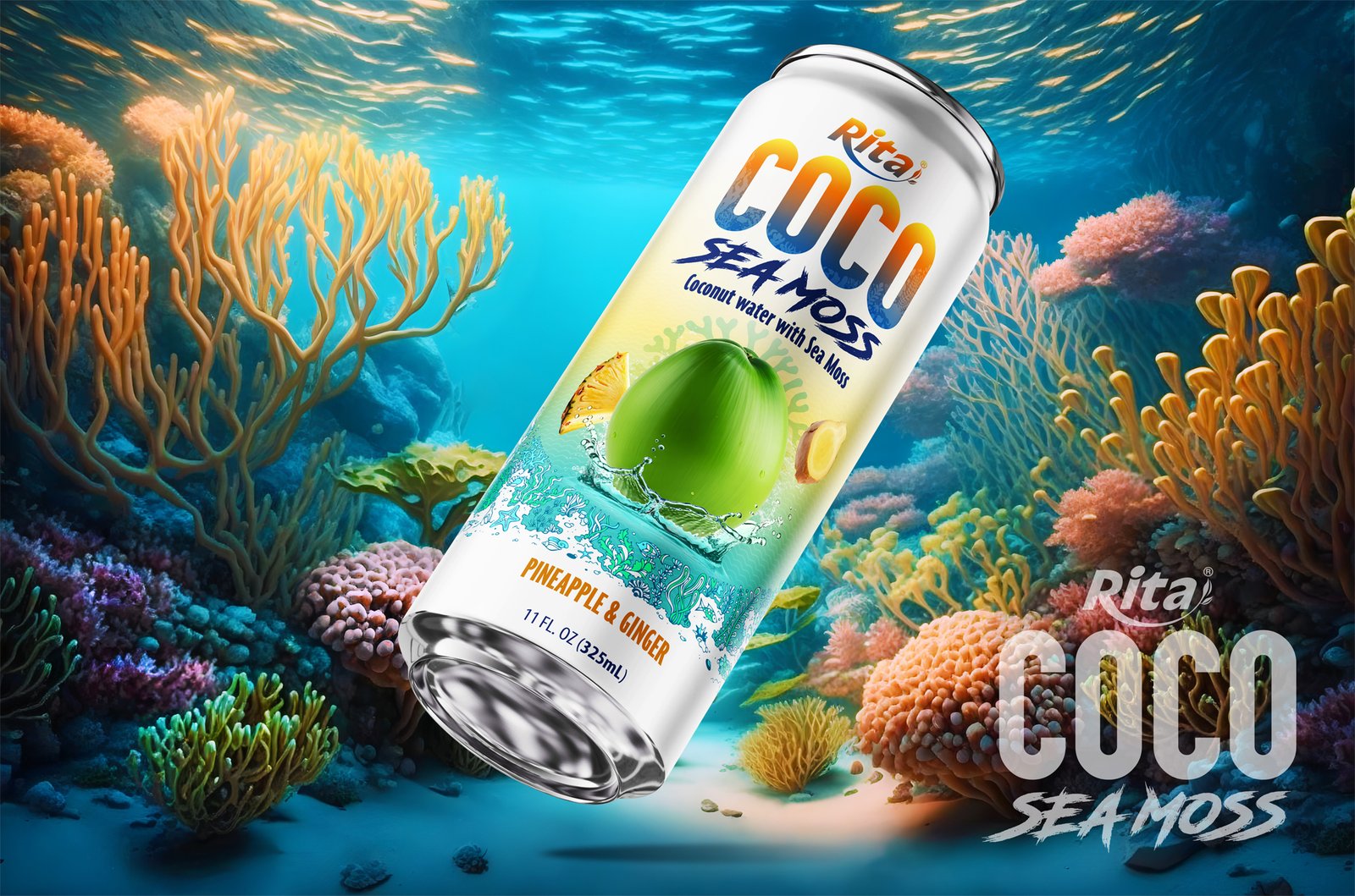 Coco Sea Moss Coconut water with sea moss Pienapple and Ginger Flavor 325ml sleek can Poster 1