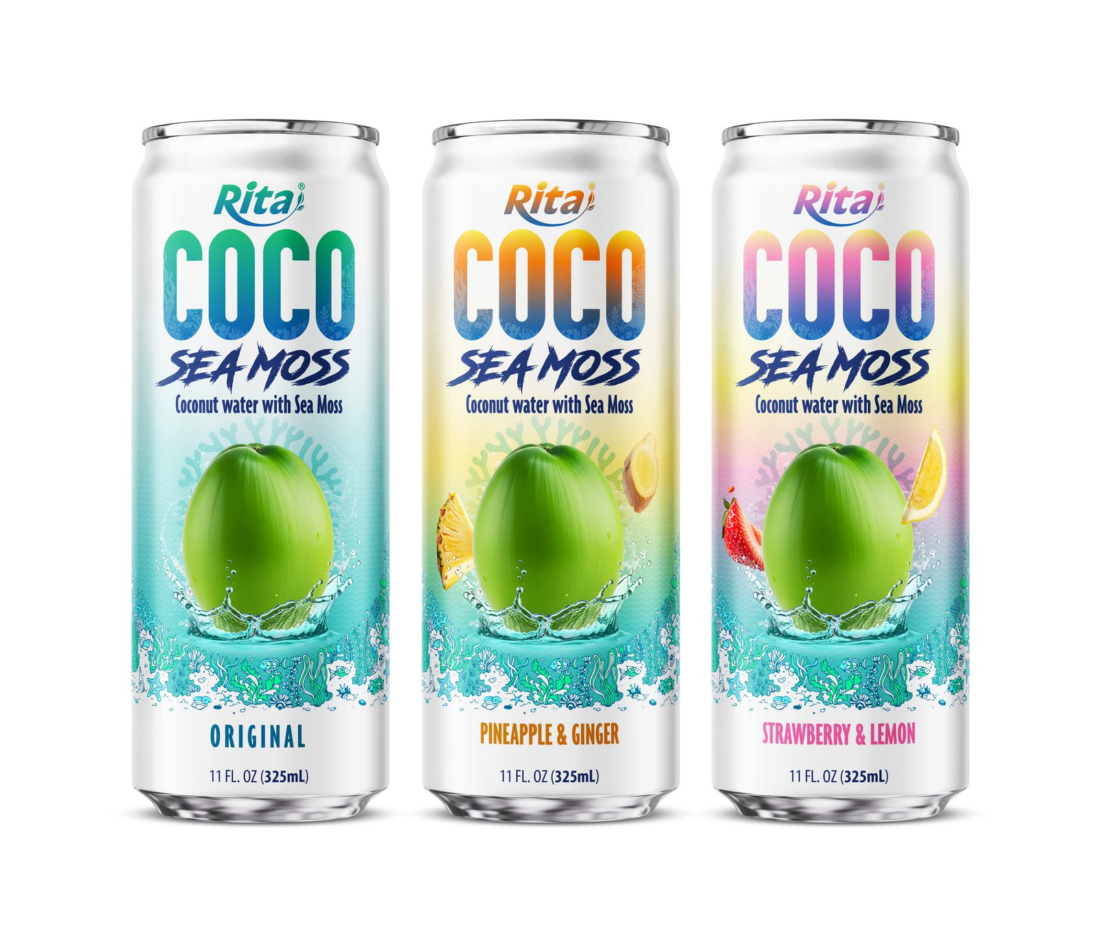 Coco Sea Moss Coconut water with sea moss Pienapple and Ginger Flavor 325ml sleek can Poster 2