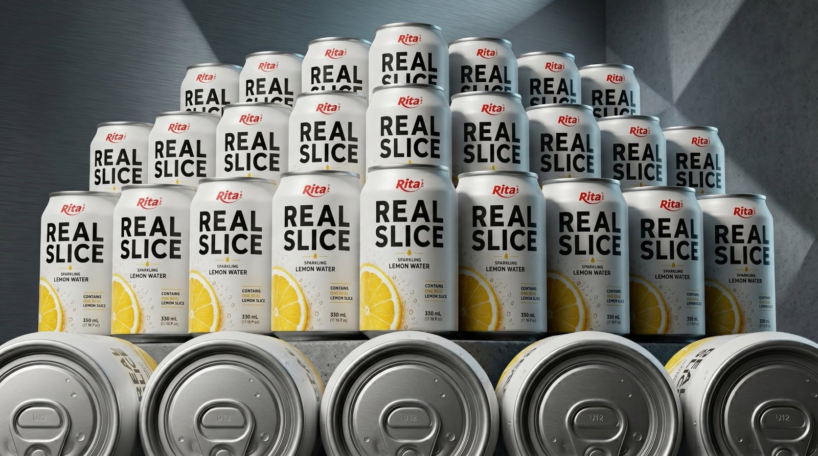 Sparkling Lemon Water with Real Fruit Slices 325ml Can Poster 1