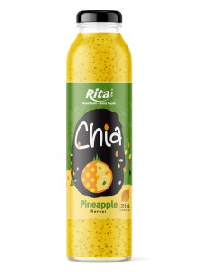 10.6 fl oz glass bottle adding chia seeds to fresh pineapple juice