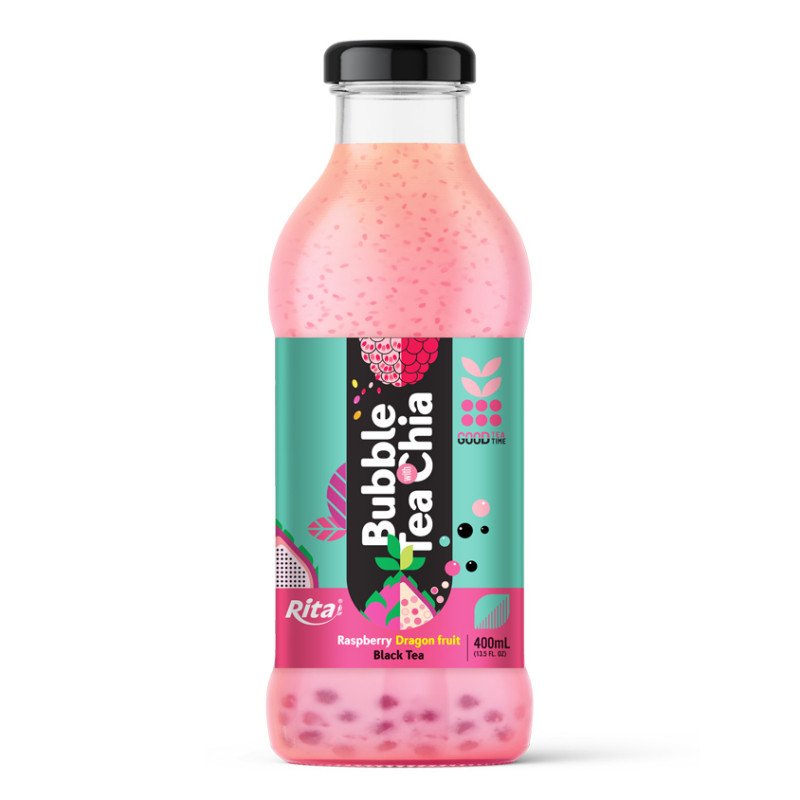 Bubble Tea with Chia seed  raspberry dragon fruit black tea 400ml glass bottle 1